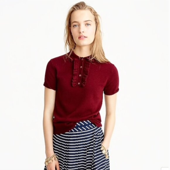 J Crew Collection Italian Cashmere Ruffle Polo Short Sleeve Sweater S - Picture 2 of 9